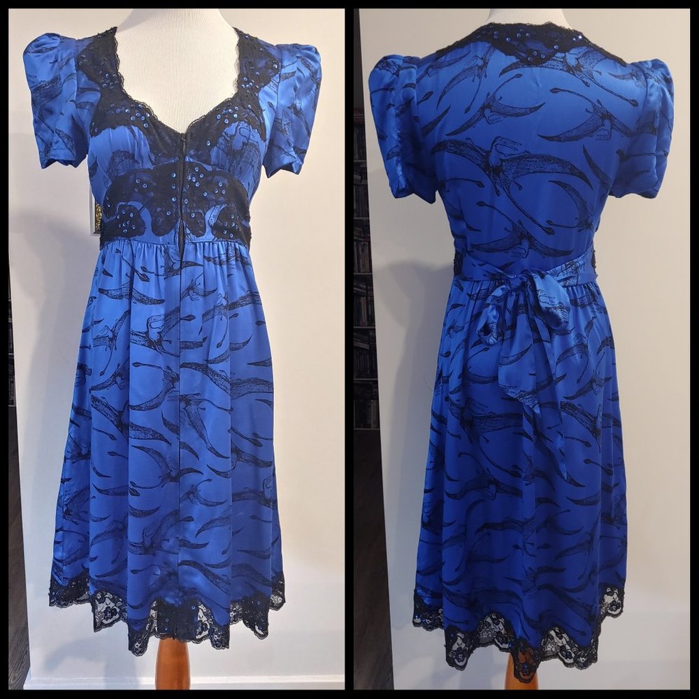 Betsey Johnson Blue and Black Lace-Trim Fit & Flare Pterodactyl Dress